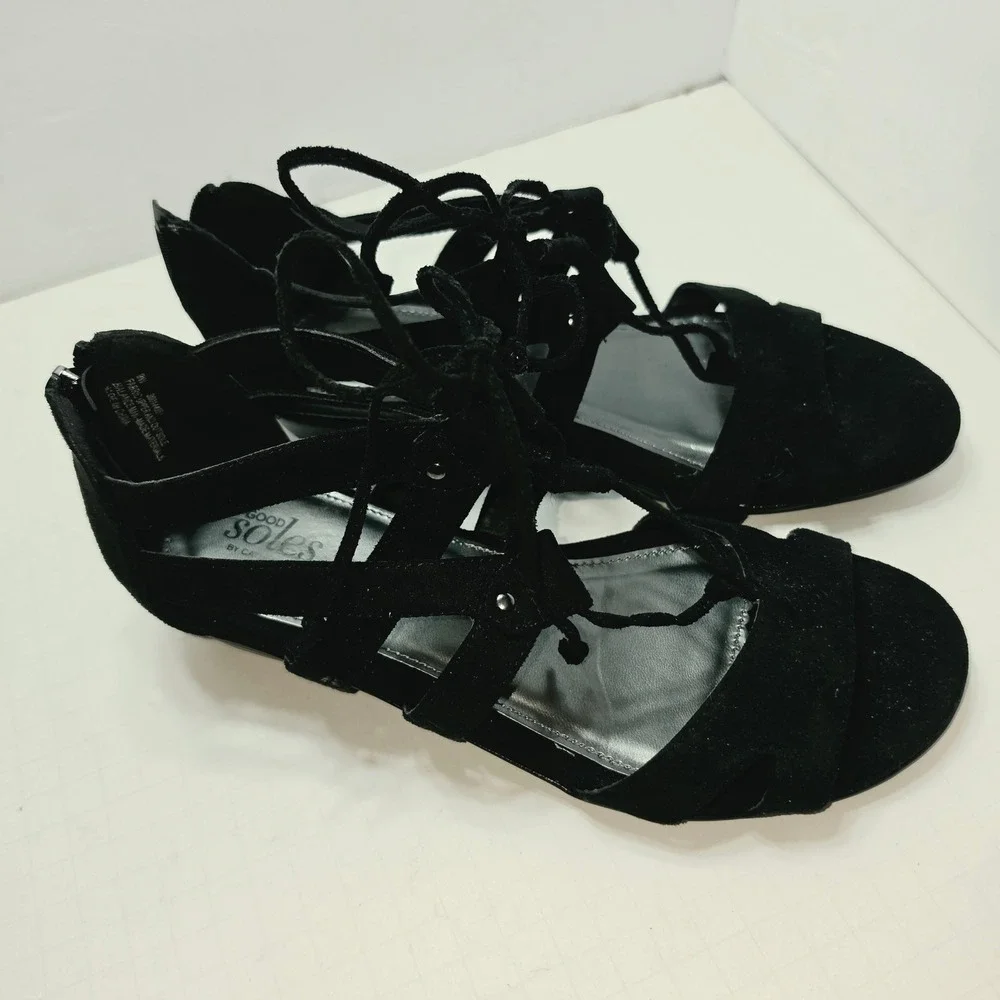 Catherines Good Soles Black Faux Suede Lace Up Gladiator Wedge Sandals Womens 9M
